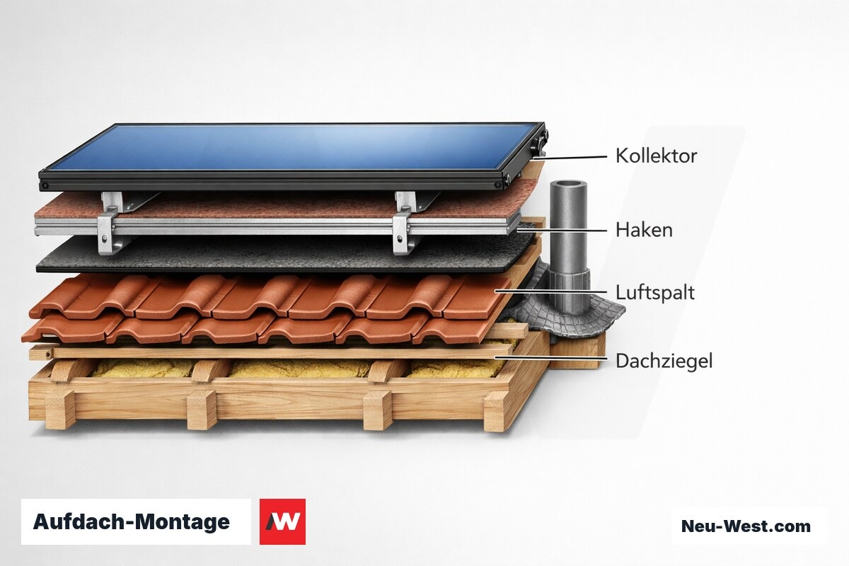 Aufdach-Montage: Schichtaufbau, Hinterlüftung und Lasteinleitung – Erklär-Grafik (NEUWEST Berlin)