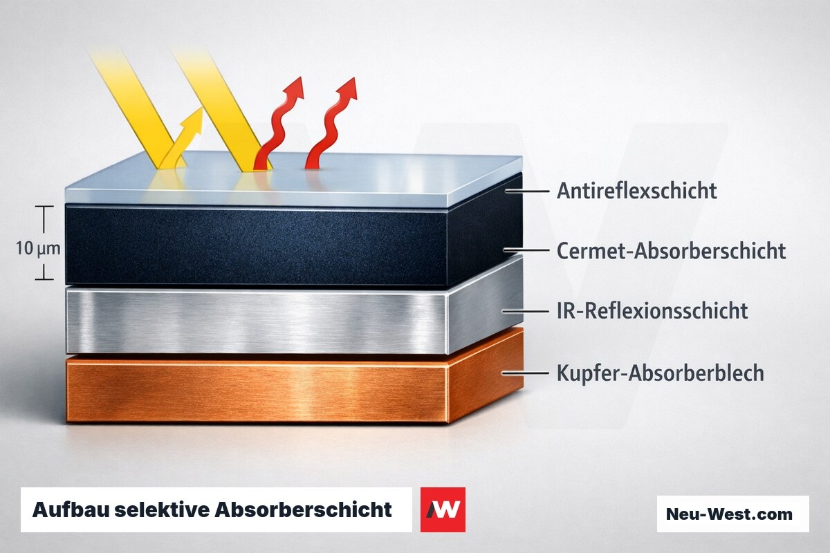 Schichtaufbau einer selektiven Solarabsorber-Beschichtung: Antireflex-, Cermet-Absorber- und IR-Reflexionsschicht auf Kupferblech, mit Sonnen- und Wärmestrahlung.