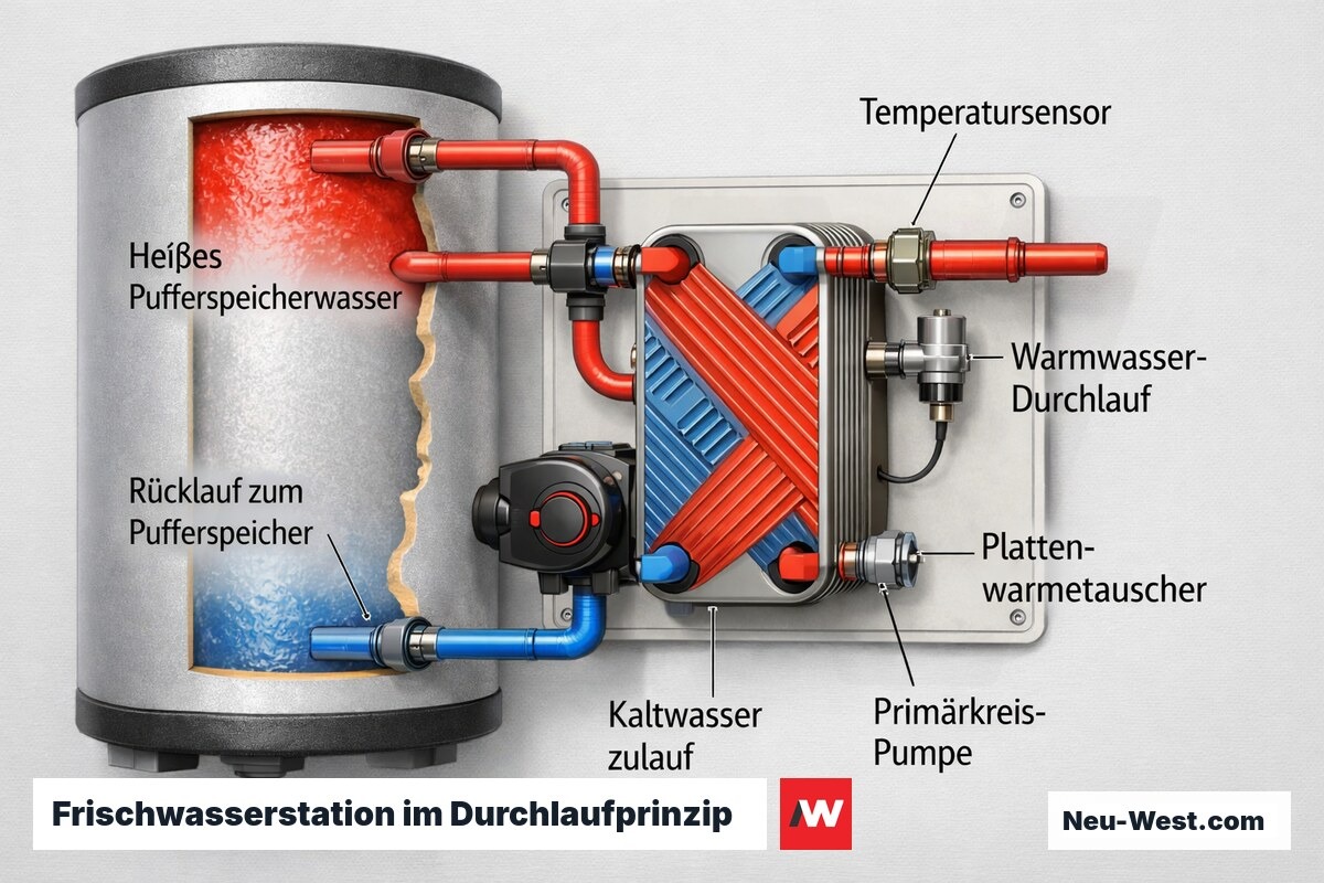 Cutaway einer Frischwasserstation mit Plattenwärmetauscher: Trinkwarmwasser im Durchlaufprinzip ohne stehendes Warmwasser, Legionellenschutz durch Systemdesign.