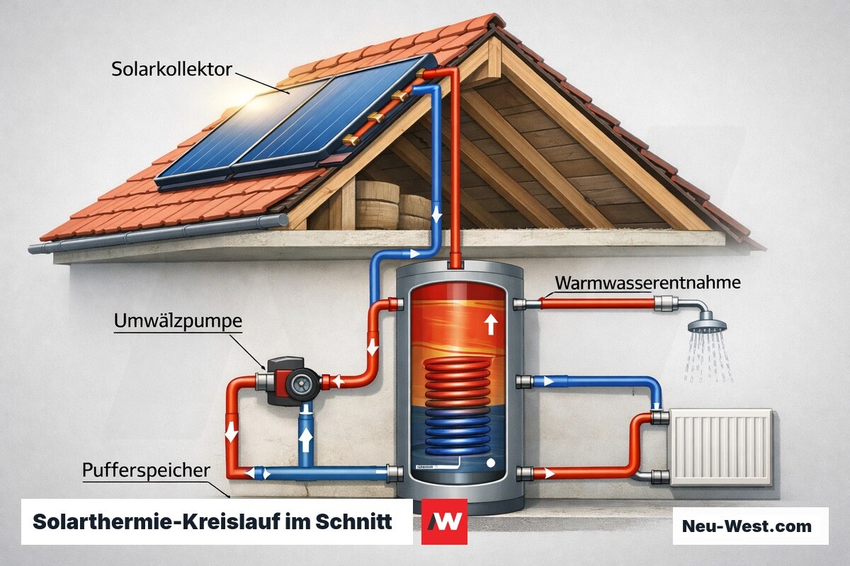 Schnittdarstellung eines Solarthermie-Systems vom Dachkollektor über Pumpe und Wärmetauscher bis zum Pufferspeicher im Keller.