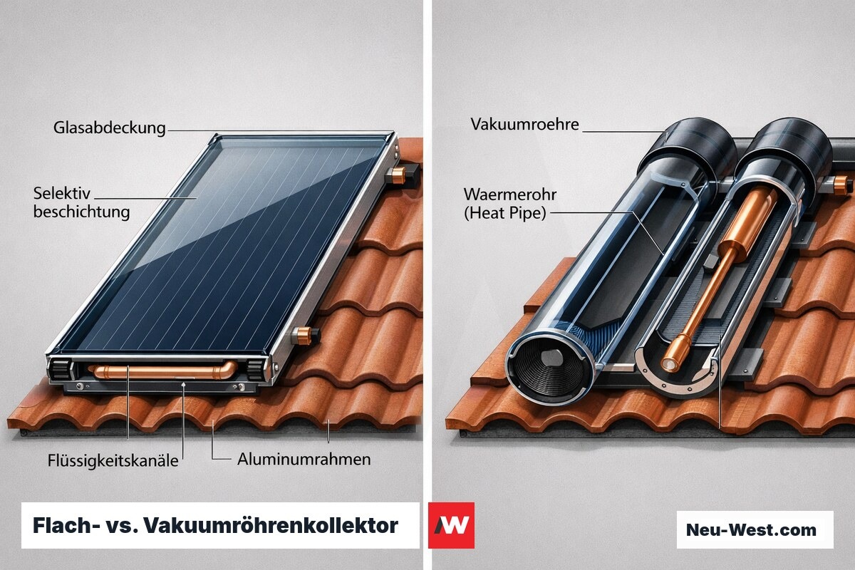Technischer Schnittvergleich von Flachkollektor und Vakuumröhrenkollektor mit sichtbarer innerer Struktur und Materialaufbau.