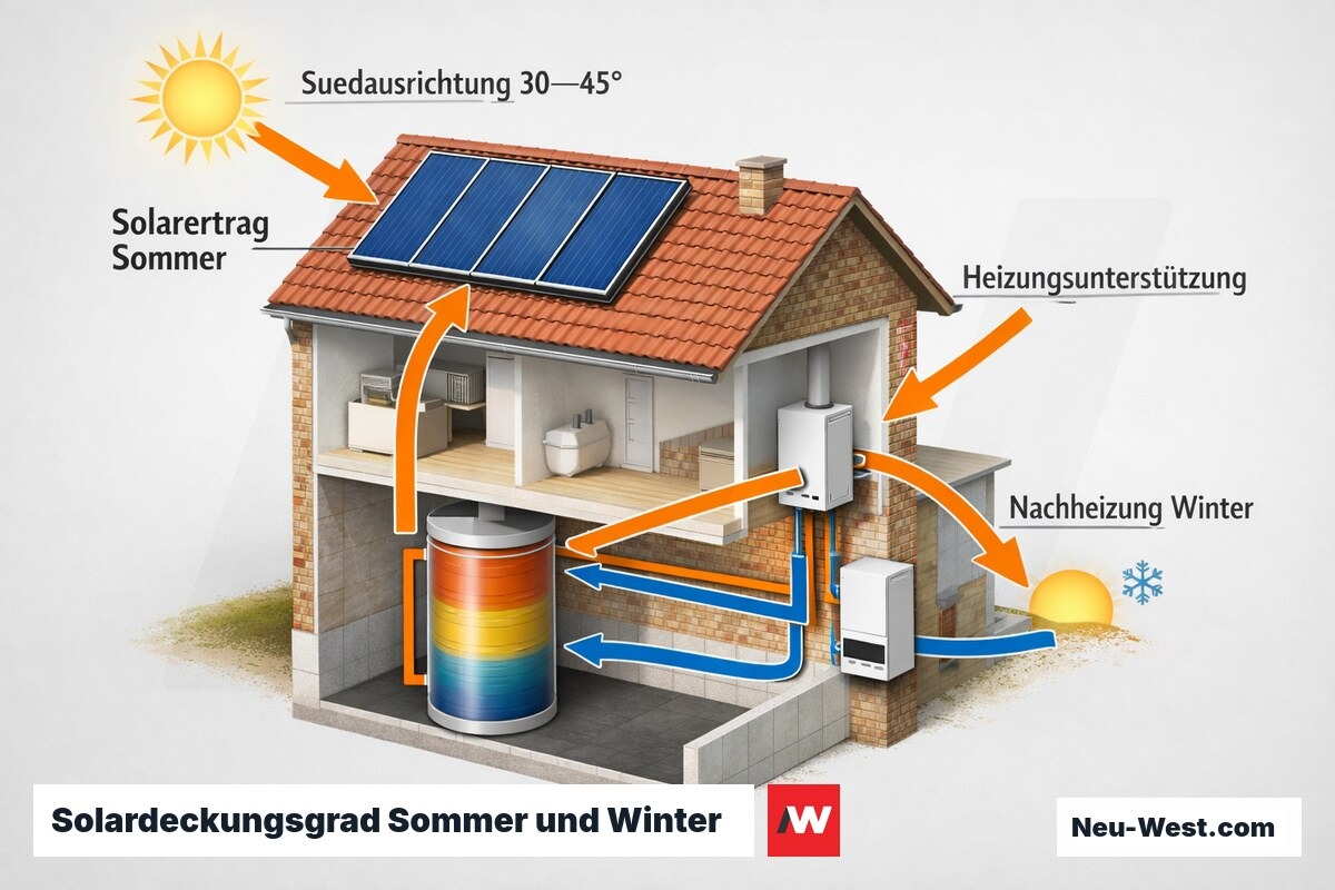 Hausschnitt zeigt solaren Deckungsgrad im Jahresverlauf: Sommer 100 % Warmwasser, Winter Heizungsunterstützung mit Nachheizung.