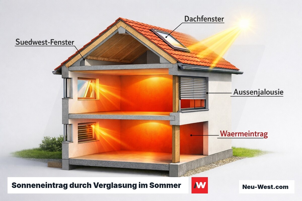 Gebäudequerschnitt zeigt Sonnenstrahlung durch Süd- und Dachfenster mit Wärmegradient im Innenraum und Außenverschattung