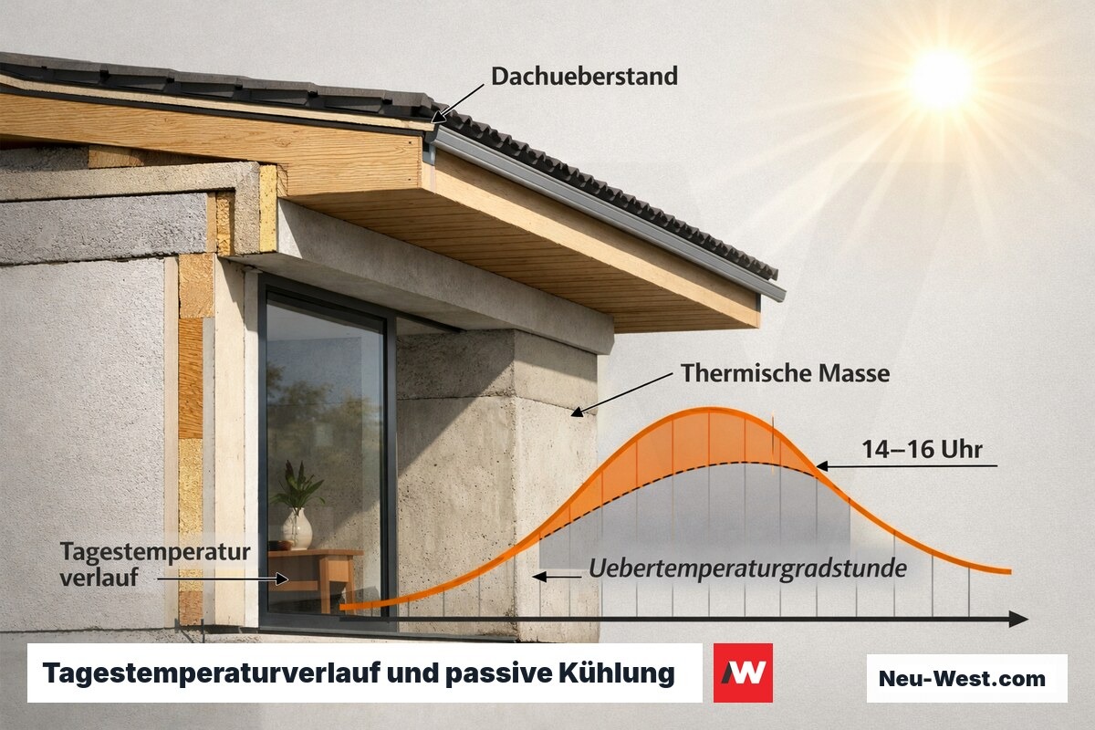 Fassadendetail mit Dachüberstand, thermischer Masse und Temperaturkurve im Tagesverlauf von 14 bis 16 Uhr