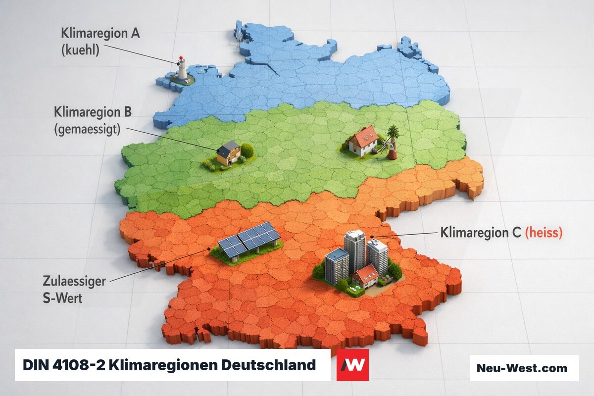 Deutschlandkarte mit drei DIN-4108-2-Klimaregionen A bis C farblich abgestuft von kühl blau bis heiß rot