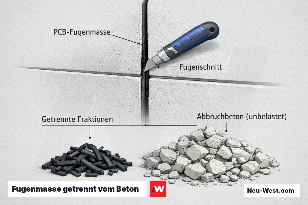 Cutaway-Detail einer Betonfassaden-Fuge: PCB-Fugenmasse wird herausgeschnitten und getrennt vom unbelasteten Abbruchbeton gesammelt.