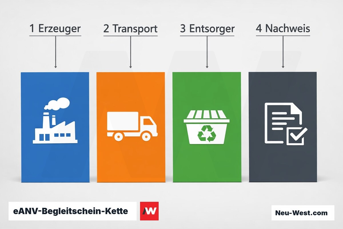 eANV-Begleitschein-Kette: Fristen und Pflichten im elektronischen Nachweis – Erklär-Grafik (NEUWEST Berlin)