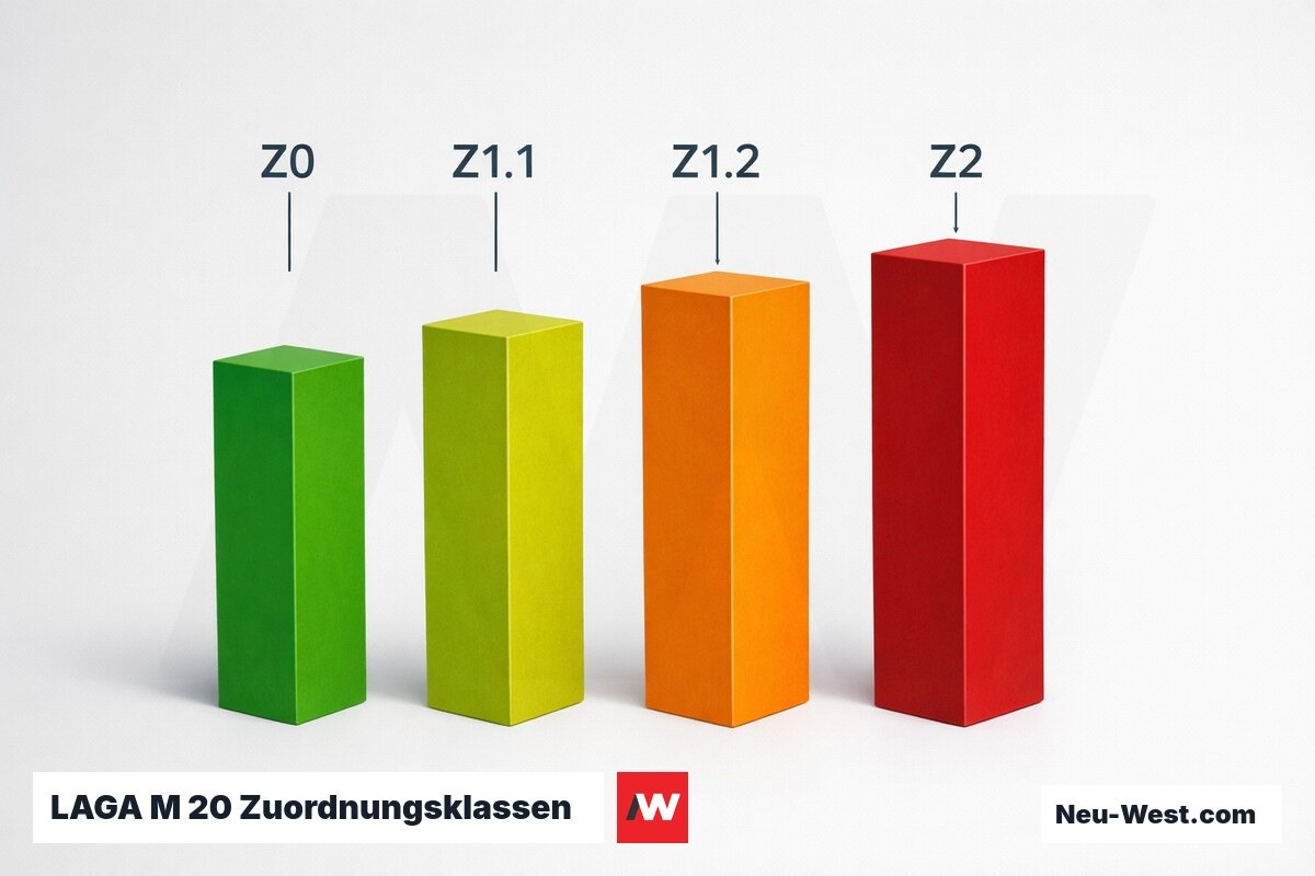 LAGA M 20 Zuordnungsklassen: Grenzwerte für mineralische Sanierungsabfälle – Erklär-Grafik (NEUWEST Berlin)