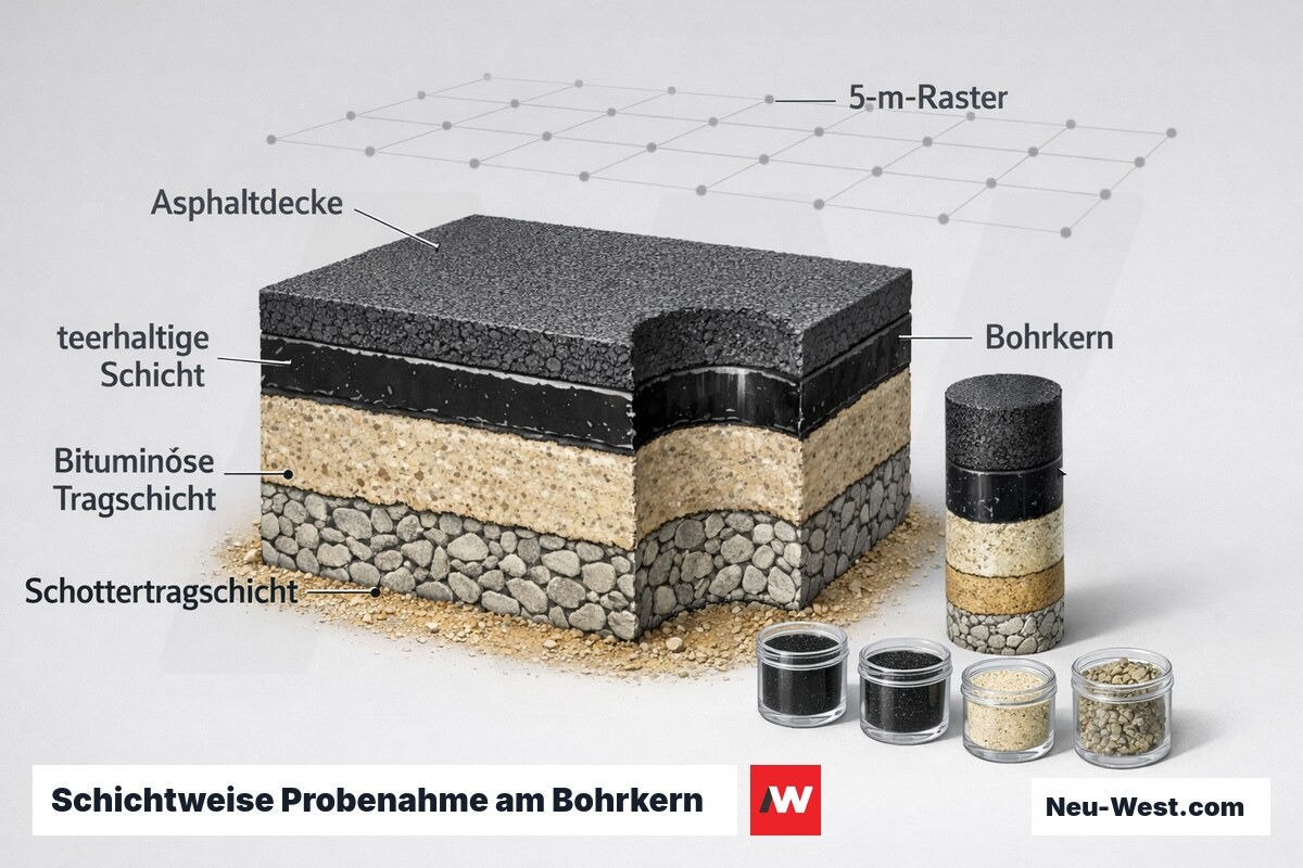 Querschnitt eines Straßenaufbaus mit teerhaltigen Schichten, extrahiertem Bohrkern und getrennten Einzelproben je Schicht im 5-m-Raster.