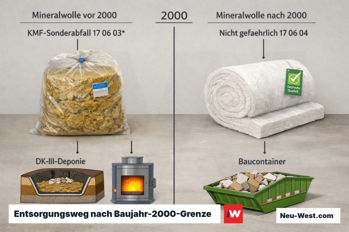 Vergleichsgrafik: alte Mineralwolle vor 2000 als KMF-Sonderabfall auf DK-III-Deponie oder Hochtemperaturanlage, neue Dämmwolle nach 2000 als nicht gefährlicher Abfall.
