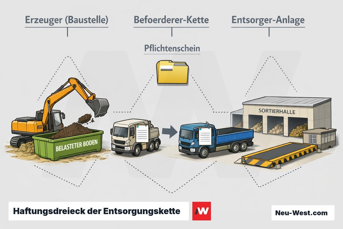 Erklär-Grafik: Abfallkette von Erzeuger über Beförderer-Subunternehmer zum Entsorger mit Nachweisdokumenten und Haftungsdreieck bei Nachweislücken.