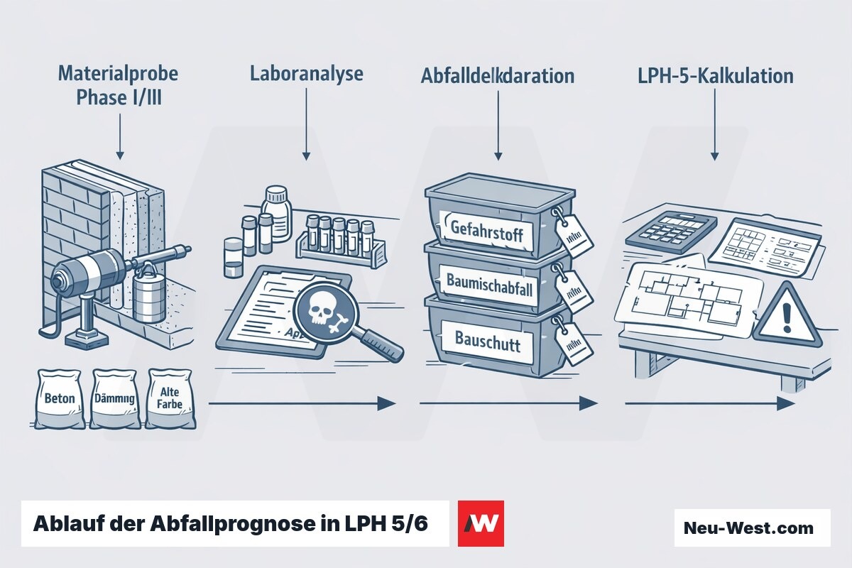 Prozessgrafik: Materialprobe, Laboranalyse, Abfalldeklaration und LPH-5-Kalkulation als Grundlage der Abfallprognose und Planerhaftung.
