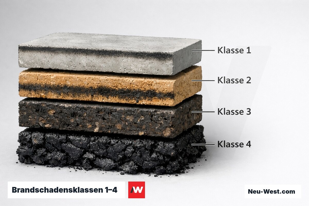 Brandschadensklassen 1–4: Rußeindringtiefe im Bauteilquerschnitt – Erklär-Grafik (NEUWEST Berlin)