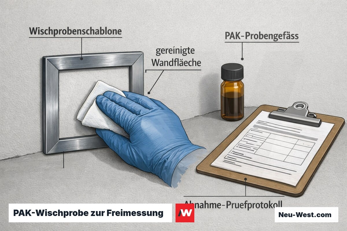 Erklaer-Grafik: PAK-Wischprobe auf gereinigter Wandflaeche mit Probenschablone, Probengefaess und Pruefprotokoll fuer den Clearance-Nachweis nach Sonderreinigung.