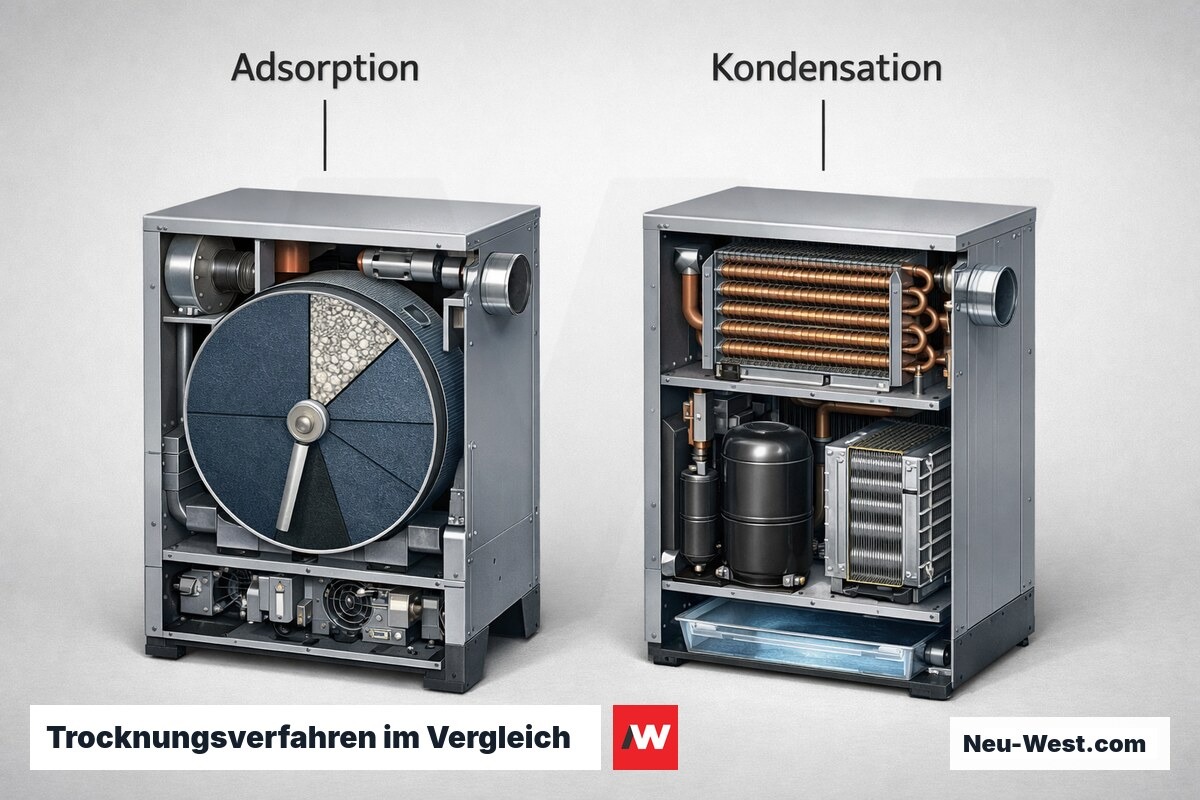 Trocknungsverfahren im Vergleich: Adsorption vs. Kondensation – Erklär-Grafik (NEUWEST Berlin)