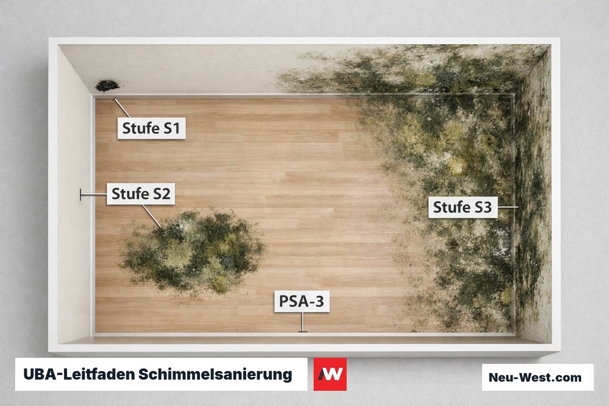 UBA-Leitfaden Schimmelsanierung: Befallsklassen S1–S3 und Handlungspfad – Erklär-Grafik (NEUWEST Berlin)