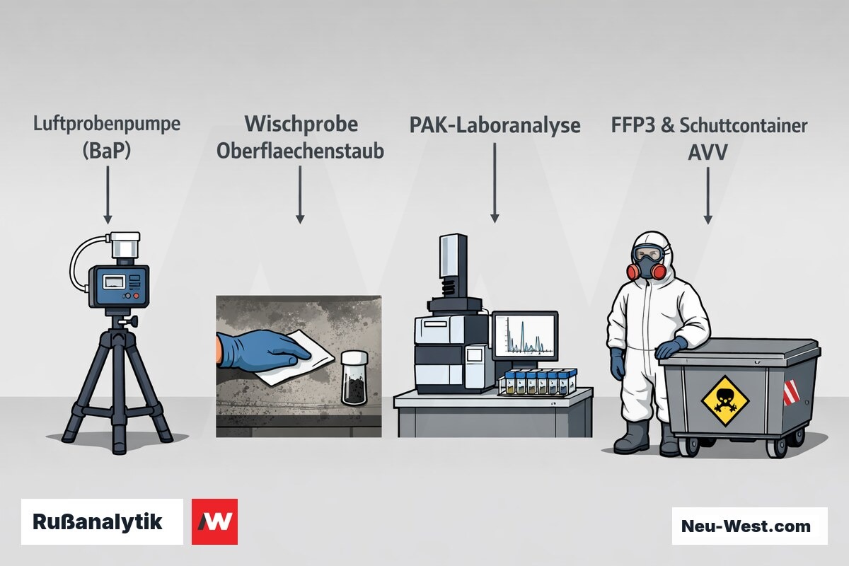 Prozessgrafik der Rußanalytik vor Sanierung: Luftprobenahme, Wischprobe, PAK-Laboranalyse auf Benzo[a]pyren, Reinigung mit FFP3 und AVV-Schuttentsorgung.