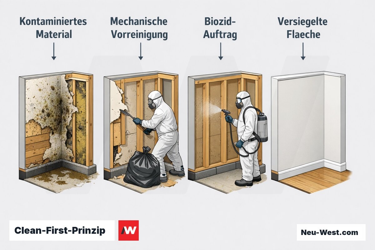 Prozess-Sequenz in vier Schritten: kontaminiertes Material entfernen, Fläche reinigen, Biozid auftragen, versiegeln – nach EU-BPR.