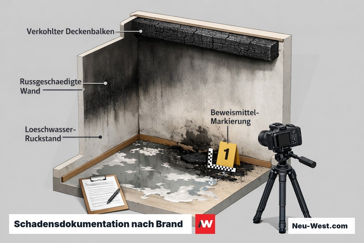 Querschnitt eines brandgeschädigten Raums mit rußiger Wand, verkohltem Deckenbalken, Löschwasser-Rückstand und Beweismittel-Markierung zur Protokollierung.