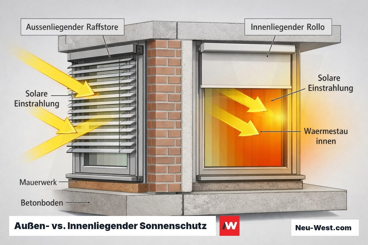 Schnittbild zeigt außenliegenden Raffstore der Sonnenwärme abweist vs. innenliegenden Rollo der Wärme im Raum einsperrt