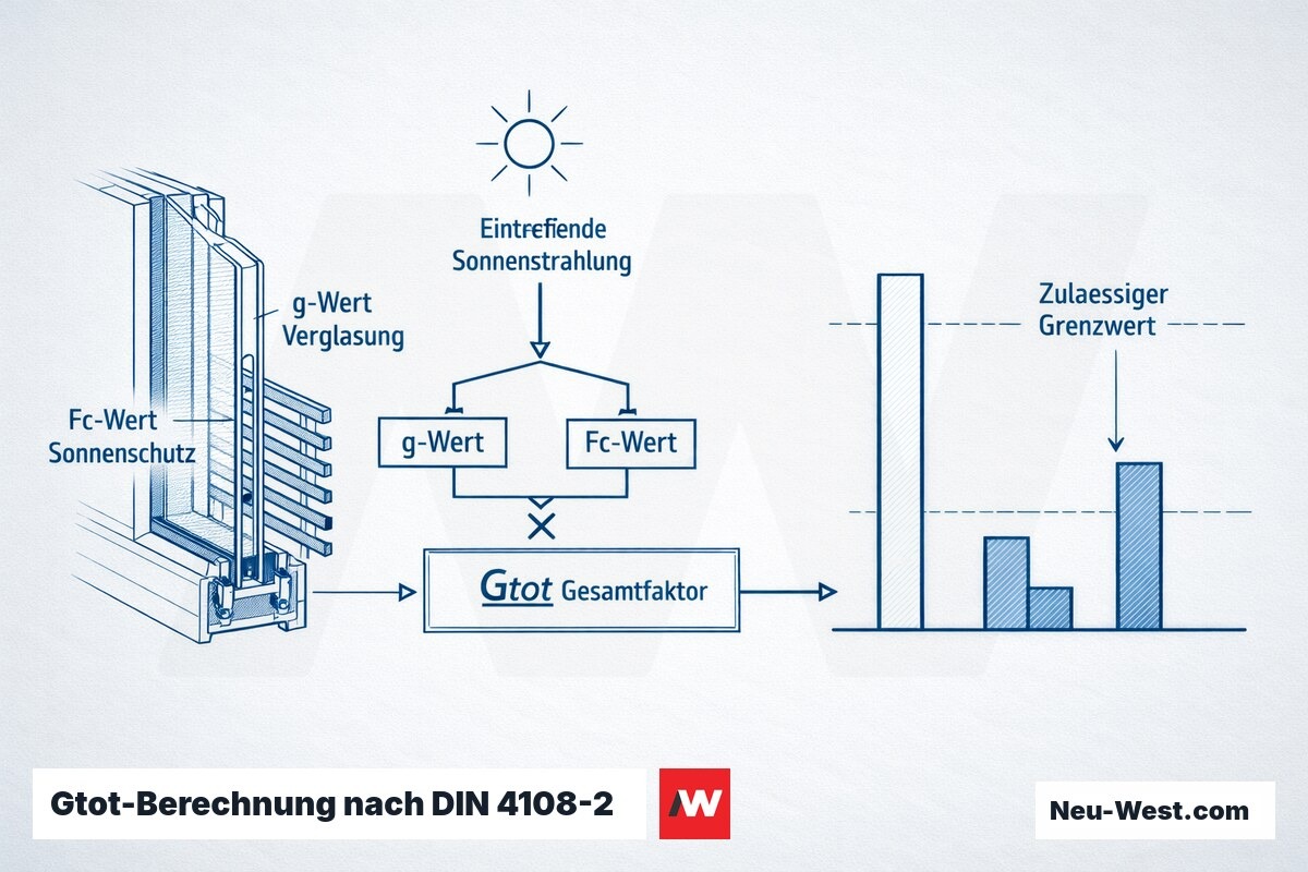 Technisches Diagramm zeigt wie g-Wert mal Fc-Wert den solaren Gesamtwärmeeintrag Gtot nach DIN 4108-2 ergibt