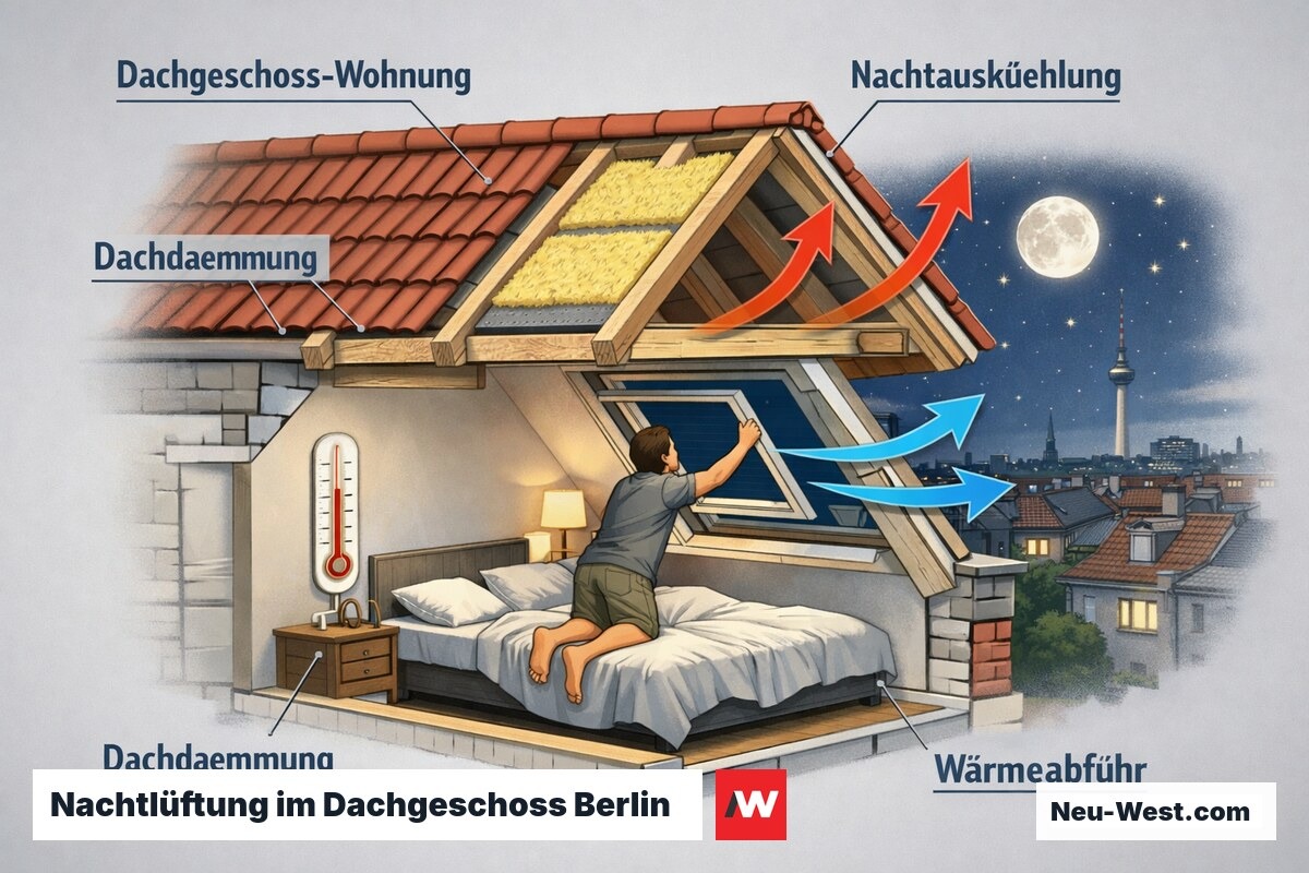 Isometrischer Schnitt einer Berliner Dachgeschosswohnung zeigt Nachtlüftungsstrategie mit Wärmeabfuhr durch geöffnete Dachfenster
