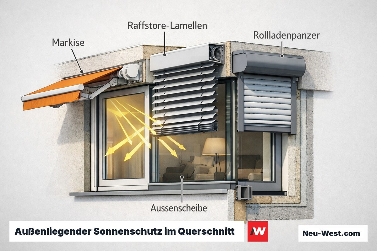 Fassaden-Querschnitt mit Markise, Raffstore und Rollladen vor der Scheibe, die Sonnenstrahlen außen abfangen und Räume vor Hitze schützen.