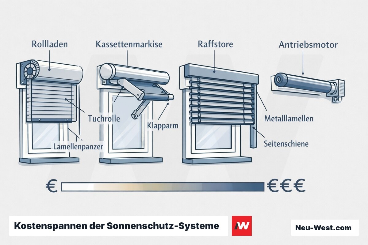 Vergleichsdiagramm von Rollladen, Kassettenmarkise, Raffstore und Antriebsmotor mit jeweiligen Preisspannen als Balken.