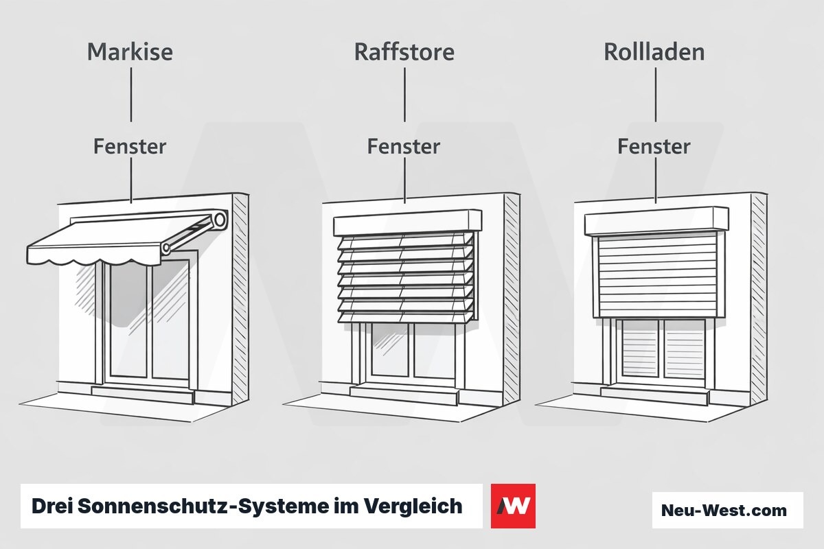 Vergleich dreier Systeme: ausgefahrene Markise, Raffstore mit verstellbaren Lamellen und geschlossener Rollladen, jeweils an einem Fenster.