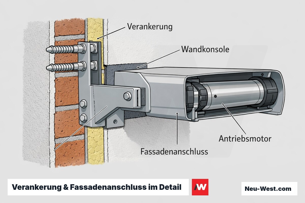 Querschnitt der Wandverankerung einer Fassaden-Beschattung mit Ankerbolzen, Konsole, abgedichtetem Fassadenanschluss und Antriebsmotor im Gehäuse.