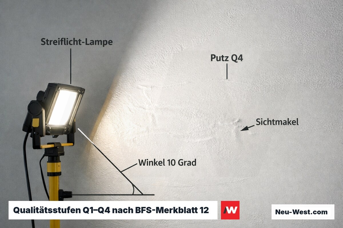Qualitätsstufen Q1–Q4 nach BFS-Merkblatt 12 – Streiflicht-Prüfbedingung – Erklär-Grafik (NEUWEST Berlin)