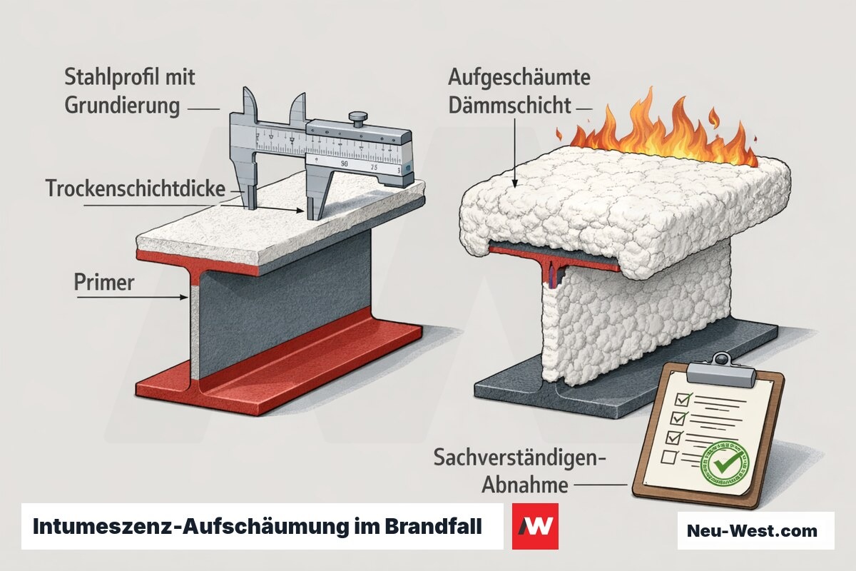 Querschnitt eines Stahlträgers mit intumeszierender Beschichtung: dünne Schicht im Normalzustand, aufgeschäumte Dämmschicht im Brandfall, mit Schichtdicke und Sachverständigen-Abnahme.