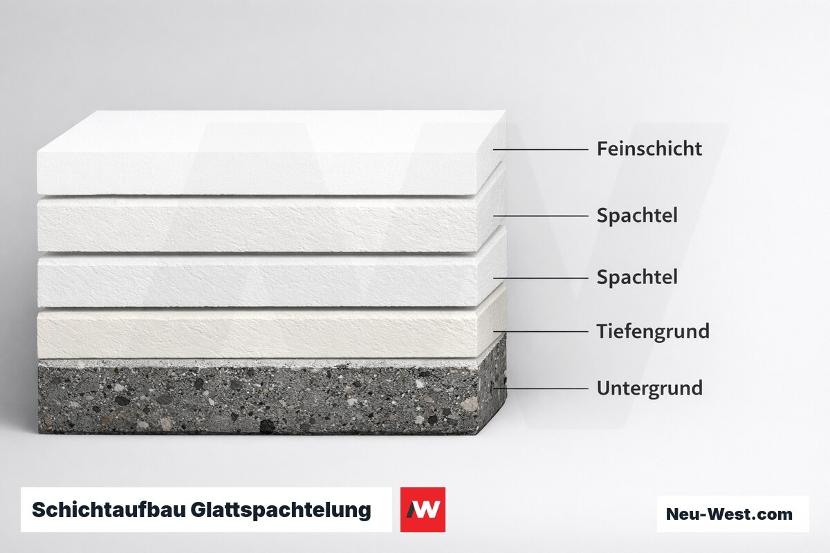 Schichtaufbau Glattspachtelung – Mehrlagen-System nach Norm – Erklär-Grafik (NEUWEST Berlin)