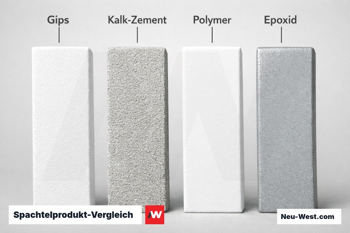 Spachtelprodukt-Vergleich: Bindemittel, Schichtdicke und Einsatzbereich – Erklär-Grafik (NEUWEST Berlin)