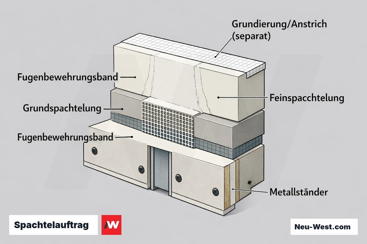 Querschnitt einer gespachtelten Gipskarton-Fuge: Bewehrungsband, Grund- und Feinspachtelung als enthaltene Leistung, Grundierung und Anstrich als separater Schritt.