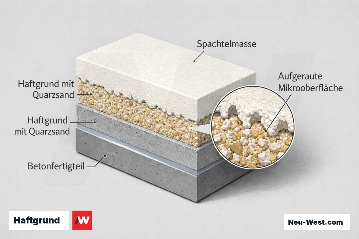 Querschnitt-Detail: Haftgrund mit Quarzsand erzeugt aufgeraute Mikrooberfläche auf glattem Betonfertigteil für mechanischen Verbund der Spachtelmasse.