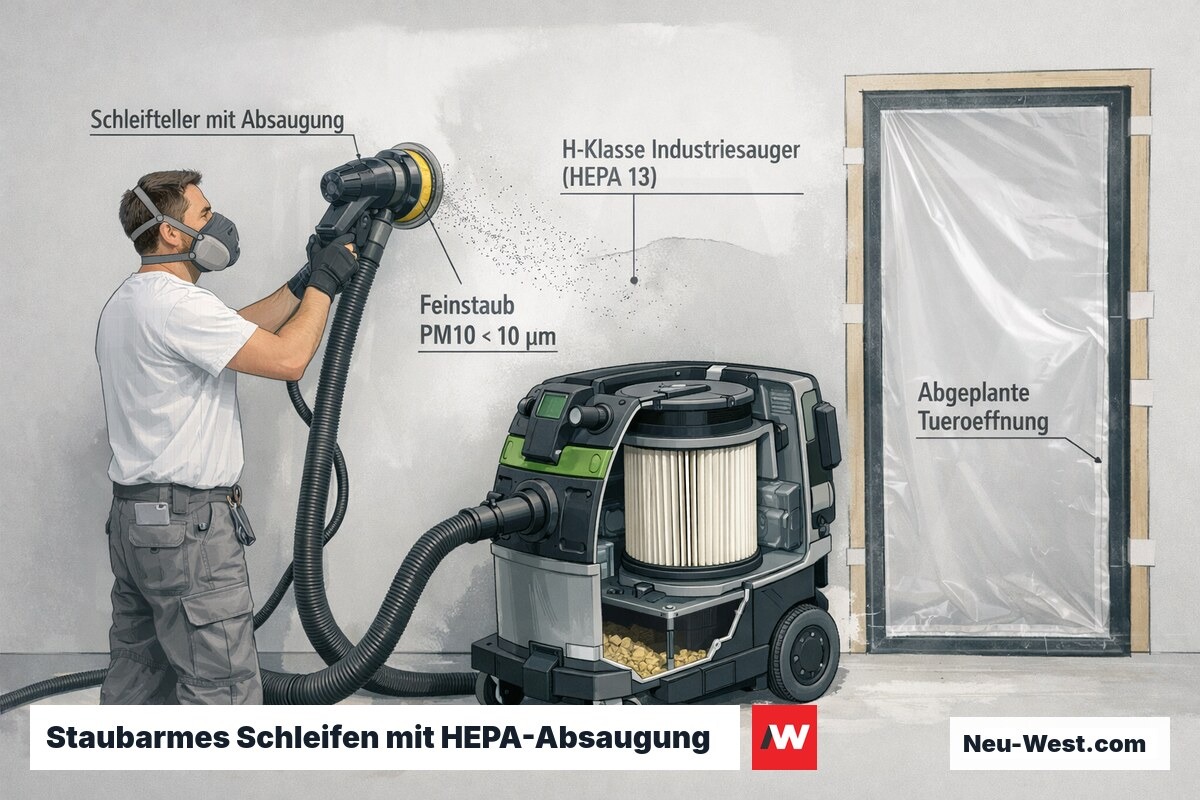 Cutaway-Illustration: Schleifgerät mit direkter HEPA-Absaugung an Spachtelwand, Feinstaubabsaugung und abgeplanter Türöffnung im Nachbarraum.