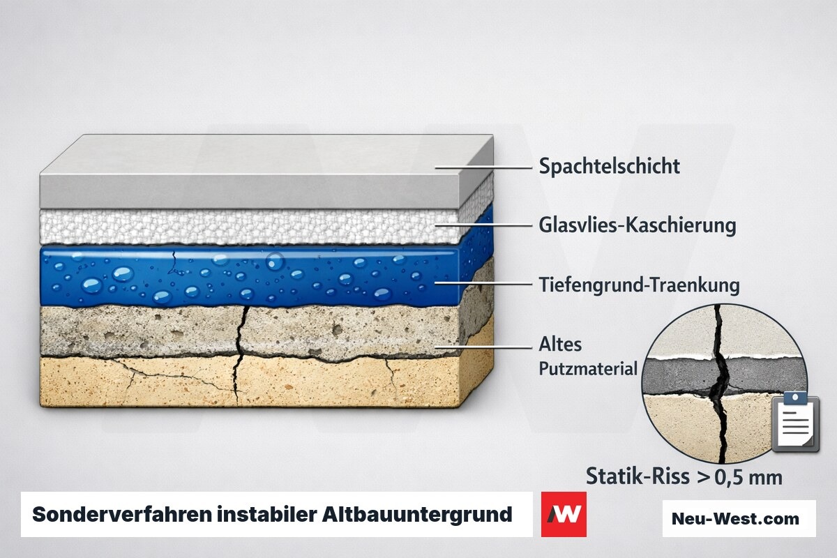 Querschnitt-Schichtaufbau: Festiger-Tränkung, Glasvlieskaschierung und Spachtelung auf sandigem Altbauuntergrund, daneben statisch relevanter Riss über 0,5 mm.