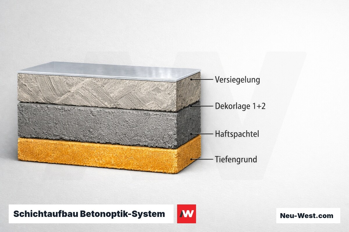 Schichtaufbau Betonoptik-System mit Schichtdicken – Erklär-Grafik (NEUWEST Berlin)