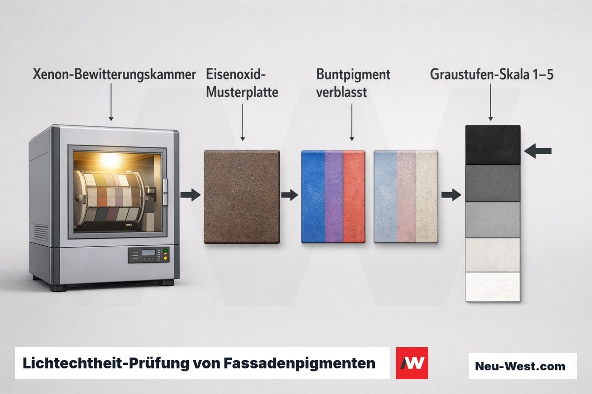 Erklär-Grafik: Xenon-Bewitterungskammer, Musterplatten aus Eisenoxid und verblasstem Buntpigment sowie Graustufen-Skala zur Bewertung der Farbbeständigkeit.