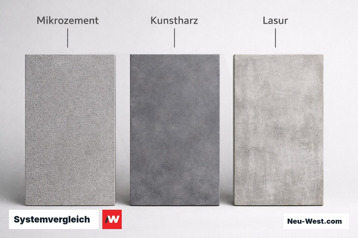 Systemvergleich: Mikrozement vs. Kunstharz-Spachtel vs. Betonlasur – Erklär-Grafik (NEUWEST Berlin)