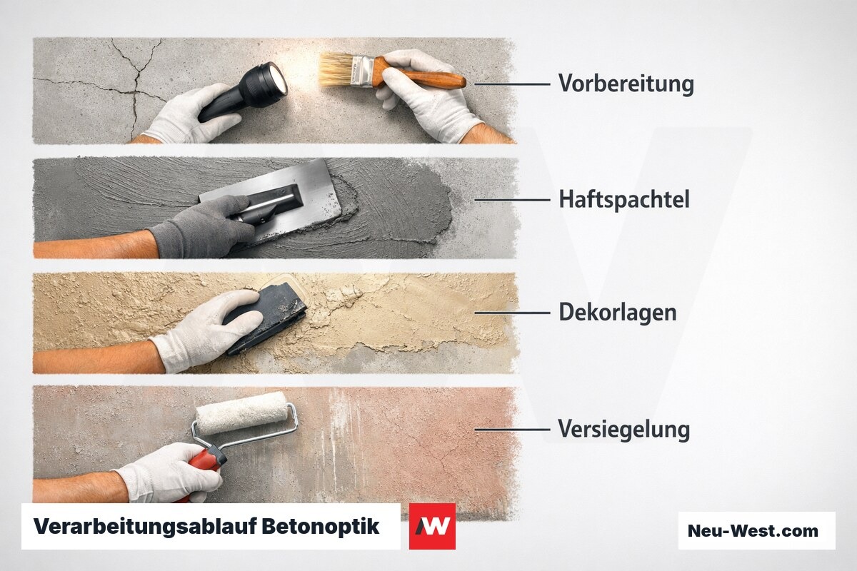 Verarbeitungsablauf Betonoptik: 7 Stationen mit Wartezeiten – Erklär-Grafik (NEUWEST Berlin)