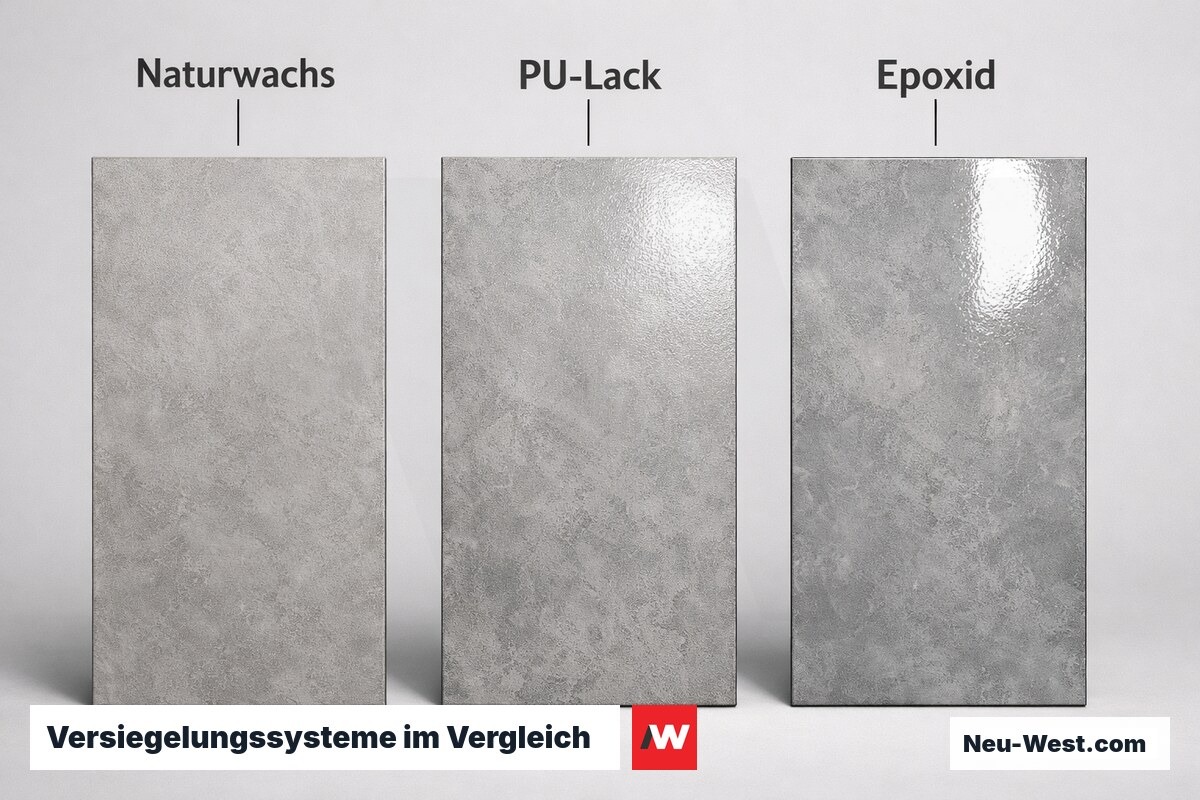 Versiegelungssysteme im Vergleich: Wachs, PU-Lack, Epoxid – Erklär-Grafik (NEUWEST Berlin)
