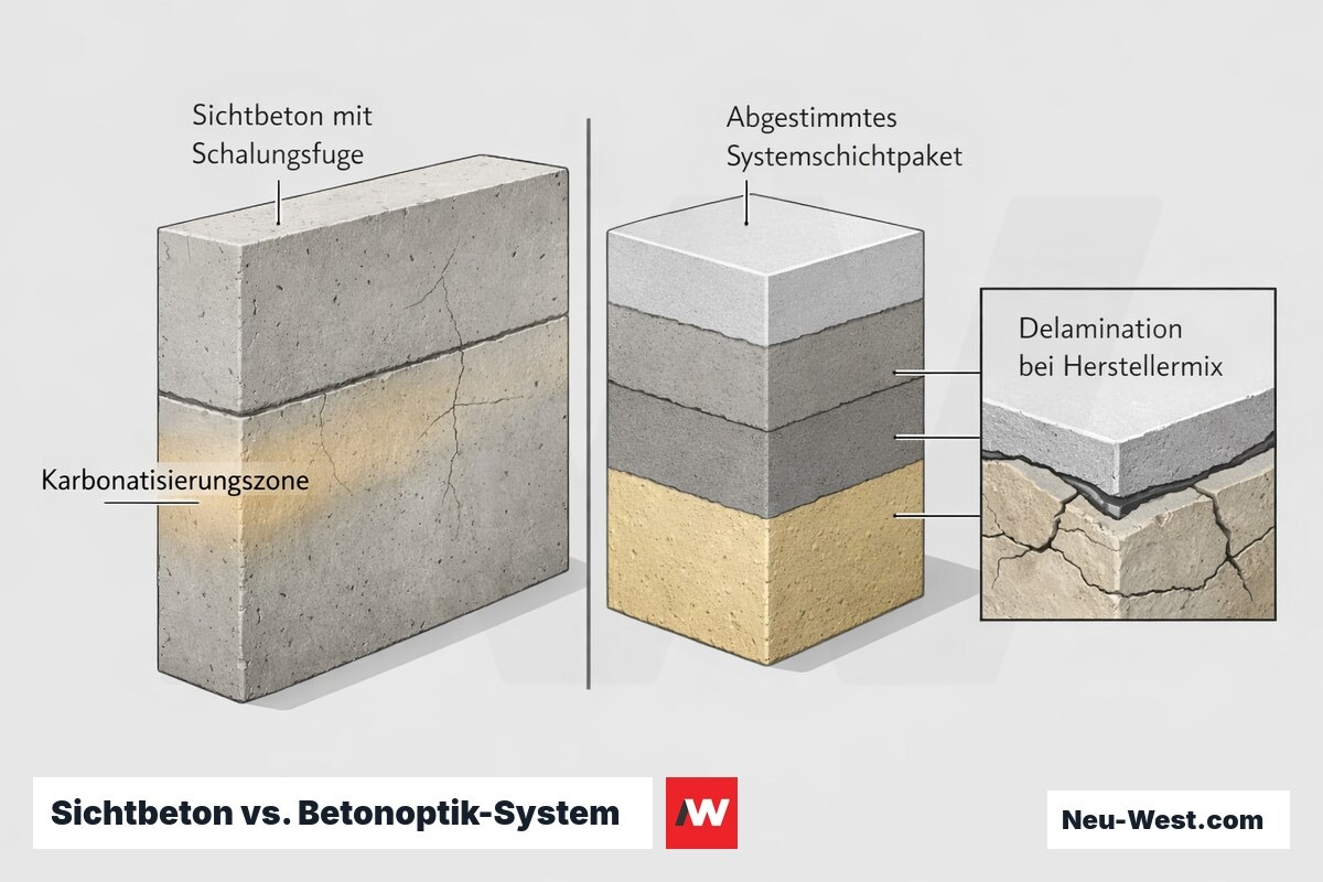 Querschnitt-Vergleich: massiver Sichtbeton mit Schalungsfuge und Karbonatisierung gegen duennes abgestimmtes Betonoptik-Schichtsystem, mit Delamination bei Herstellermix.
