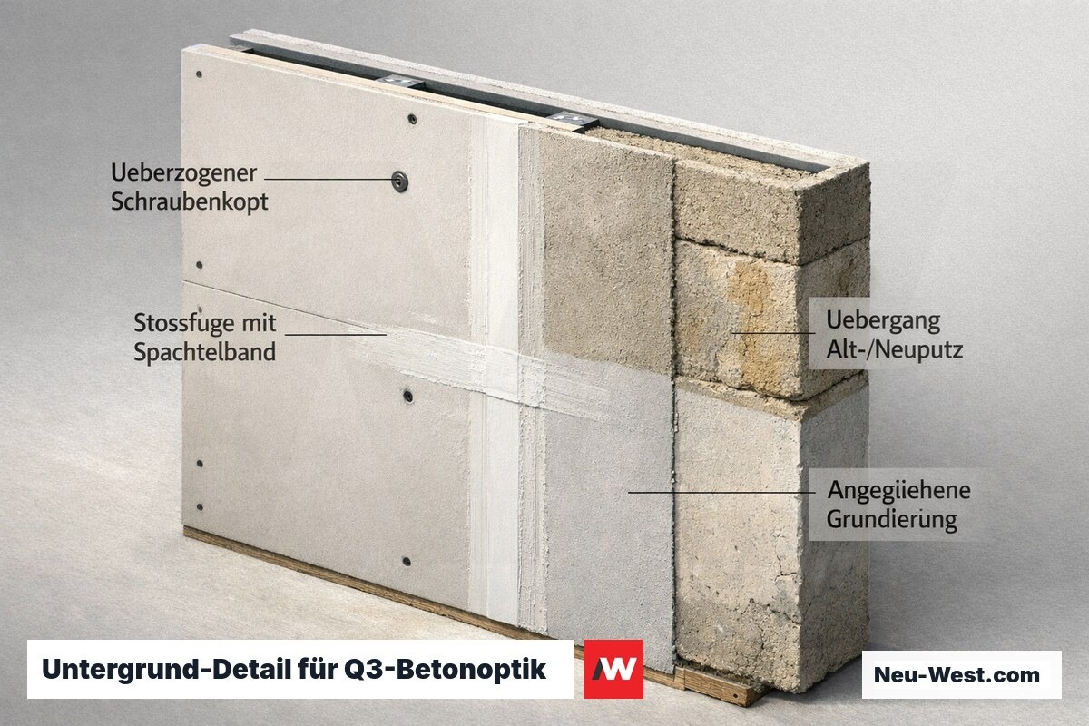 Cutaway einer Trockenbauwand mit Spachtelband-Fuge, überzogenen Schraubenköpfen und Alt-Neuputz-Übergang unter seitlichem Streiflicht.