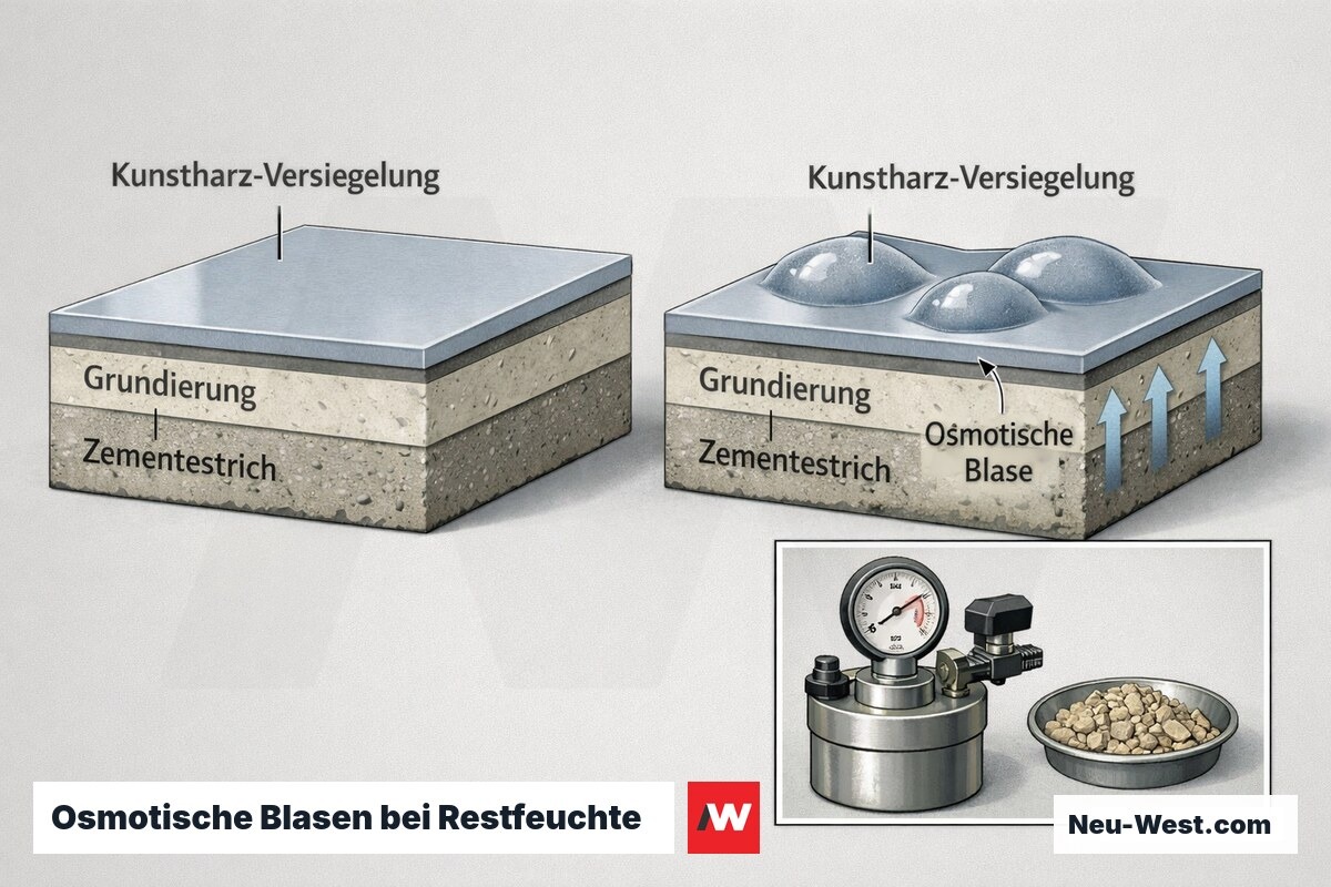 Querschnitt: Restfeuchte im Zementestrich steigt unter die Kunstharz-Versiegelung und bildet osmotische Blasen; daneben CM-Feuchtemessgeraet.