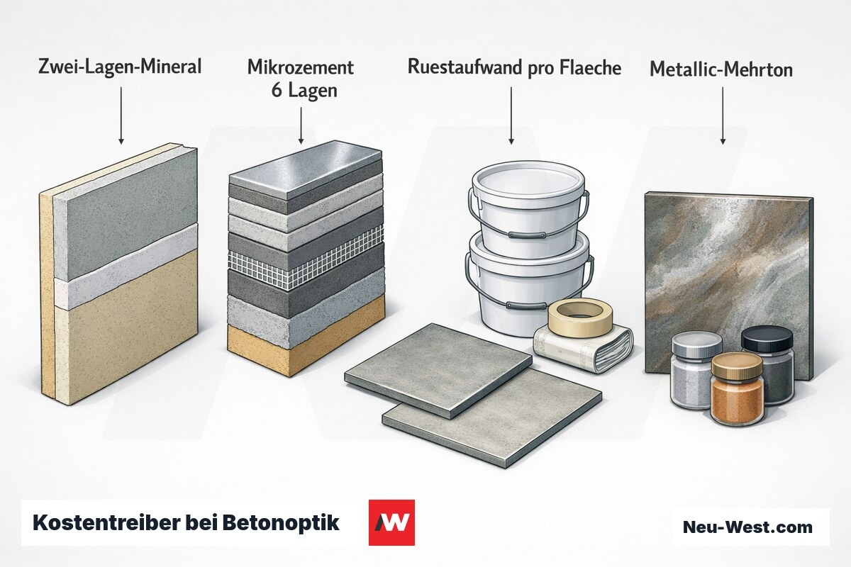 Vergleichsgrafik der Kostentreiber bei Betonoptik: einfaches Zwei-Lagen-Mineralsystem, sechslagiger Mikrozement, Rüstaufwand pro Fläche und Metallic-Mehrton-Finish.