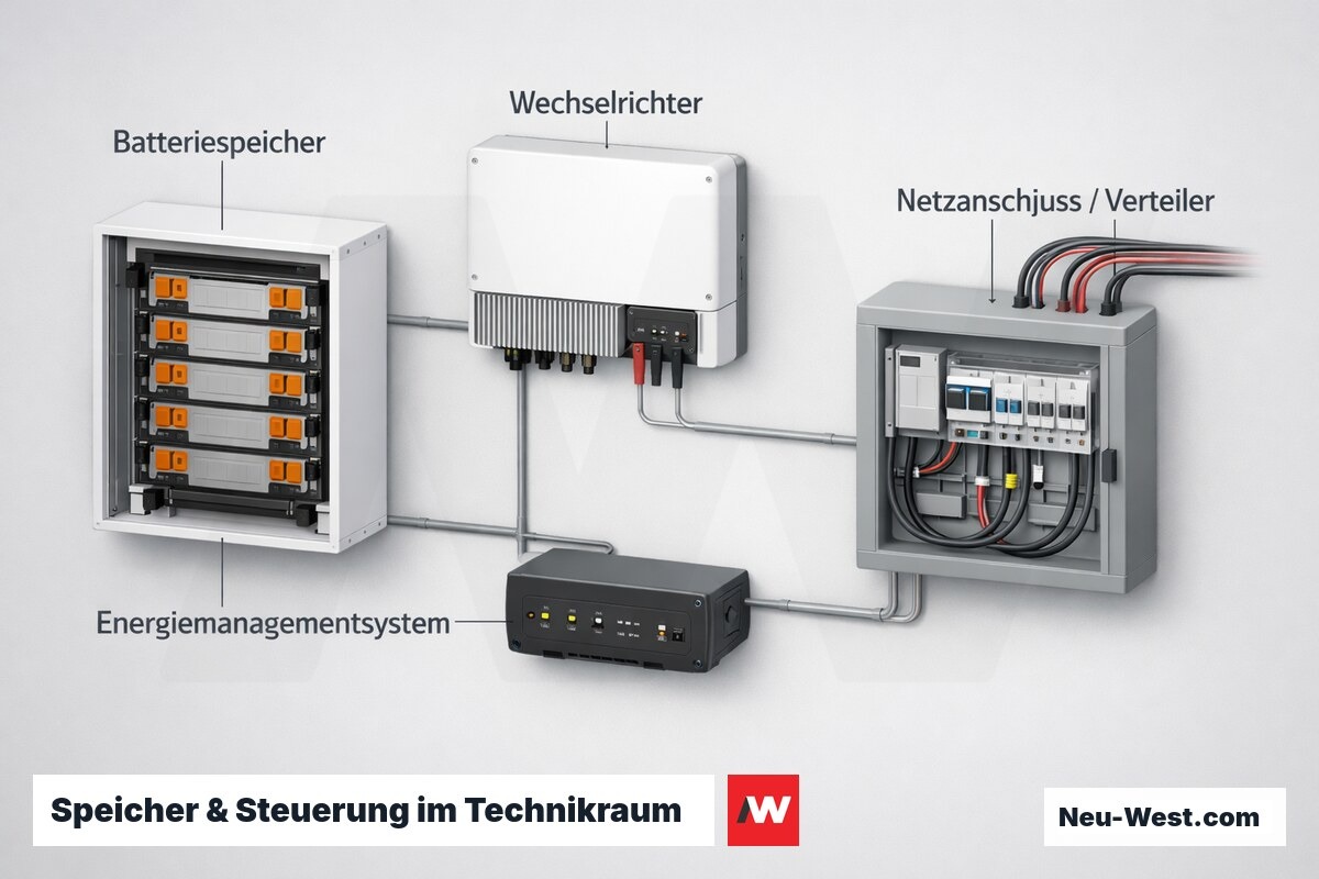 Technische Schnitt-Illustration eines Hausenergiesystems mit Batteriespeicher, Wechselrichter, Energiemanagementsystem und Netzverteiler im Technikraum.