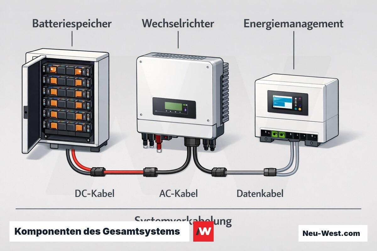 Diagramm dreier Komponenten einer PV-Nachruestung: Batteriespeicher, Wechselrichter und Energiemanagementsystem, verbunden durch Verkabelung.