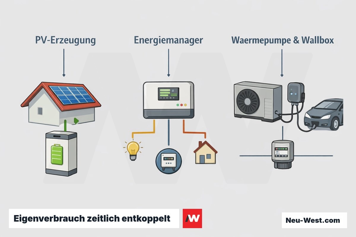 Schema-Diagramm: PV laedt tagsueber den Speicher, der Energiemanager verteilt den Strom abends an Haus, Waermepumpe und Wallbox.
